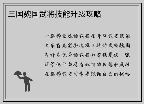 三国魏国武将技能升级攻略